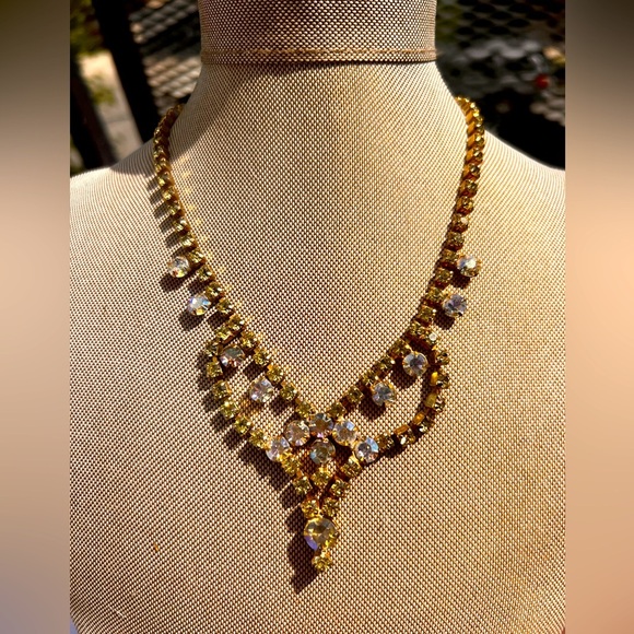 VINTAGE 1950s Exquisite High End Estate amber Rhinestone AB Necklace 16” 28 - Picture 1 of 5